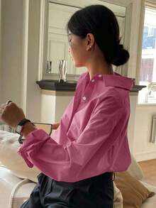 Camisa holgada de mujer de unicolor, de manga larga y de abotonadura sencilla - Rosa - Ver 2