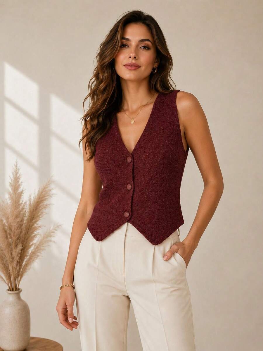 Women's Knitted Vest With Button Overlay, Simple Knit Fabric, Buttons At The Front - 紅木色 - 查看 1