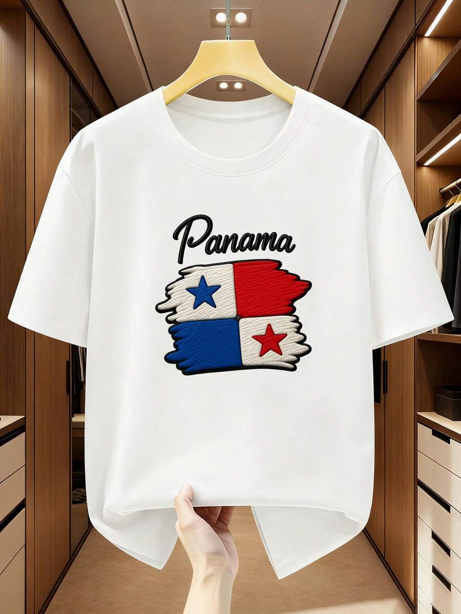 Plus Size T-Shirt With Panama Flag, 100% Cotton, With Panama Emblem, Crew Neck, Short Sleeve, Casual Style - Panama Themed Casual Clothing For Spring, Summer And Autumn, Machine Washable, Comfortable For Daily Wear, Suitable For Plus Sizes. - 白色 - 查看 1