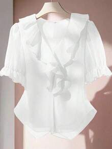 Blusa casual con cuello en V, mangas con volantes y pétalos - Blanco - Ver 1
