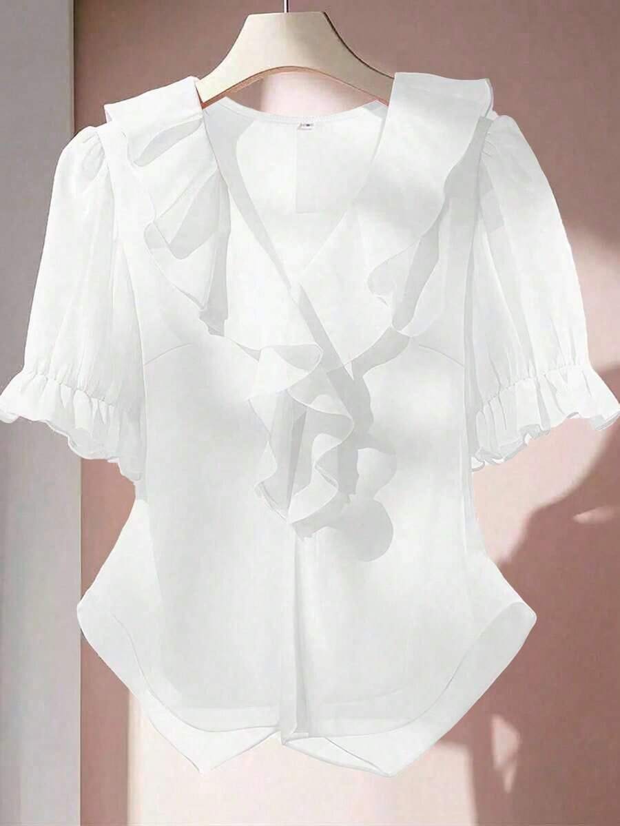 Blusa casual con cuello en V, mangas con volantes y pétalos - Blanco - Ver 1