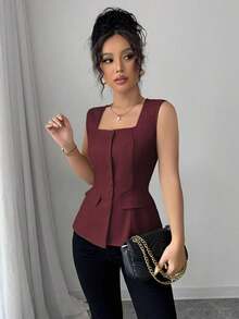 Blusa elegante de mujer con cuello cuadrado sin mangas, decoración con bolsillo falso, camisa ajustada de oficina, primavera/verano - Burdeos - Ver 7