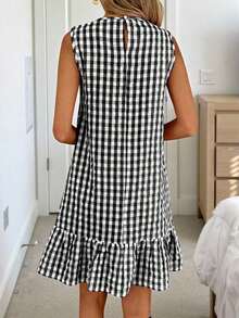 Vestido de verano estilo bohemio con cuello redondo sin mangas y corte evasé a dos colores a cuadros, vestido esencial para vacaciones y uso diario al aire libre - Blanco y Negro - Ver 2