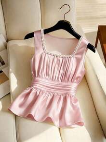 Blusa ajustada sin mangas con cuello y detalles de perlas falsas para mujer - Rosa - Ver 3