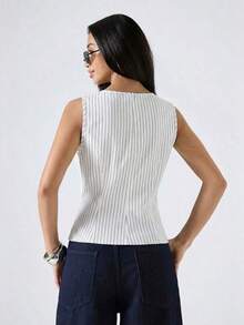 2026 Nueva Camiseta de Tirantes Ajustada de Cuello Redondo a Rayas de Color Albaricoque Minimalista, Adecuada para Trabajo/Casual de Negocios/Oficina, Top de Moda para Mujer - Blanco 2 - Ver 2