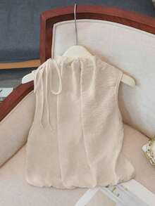Blusa blanca elegante sin mangas, de cintura elástica y cuello suelto con cordón, de tejido texturizado, para mujer, para primavera/verano.Blusas y tops para mujer de cuello cerrado, blusas casuales y modernas para el verano - Caqui - Ver 2