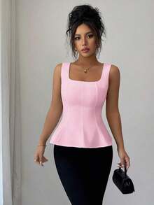 Blusa elegante de cuello cuadrado sin mangas para mujer, adecuada para la oficina, el transporte, el té de la tarde, las fiestas, las vacaciones y ocasiones casuales - Rosa - Ver 6