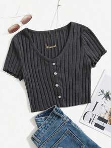 Top tejido de canalé con botón delantero de borde en forma de lechuga - Gris Oscuro - Ver 5
