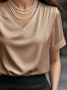 1 pieza Blusa de mujer de unicolor de satén con cuello en V y manga corta, elegante y de moda para uso diario, oficina, hogar, citas, primavera/verano, color negro casual - Caqui - Ver 4