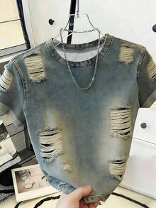 Camiseta casual de mujer con cuello redondo y mangas cortas, con efecto desgastado, versátil para uso diario - Multicolor 7 - Ver 4