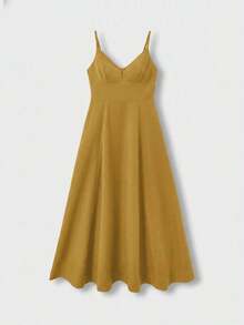 Vestido midi elegante de mujer con cuello en V, vestido de tirantes de mezcla de lino con corte evasé y espalda descubierta, adecuado para vacaciones, playa, boda, fiesta de cóctel - Amarillo - Ver 5