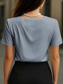 1 pieza Blusa de mujer de unicolor de satén con cuello en V y manga corta, elegante y de moda para uso diario, oficina, hogar, citas, primavera/verano, color negro casual - Gris - Ver 5
