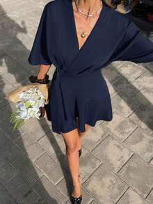 Vestido mini envolvente de unicolor con cuello en V para mujer - Azul marino - Ver 8