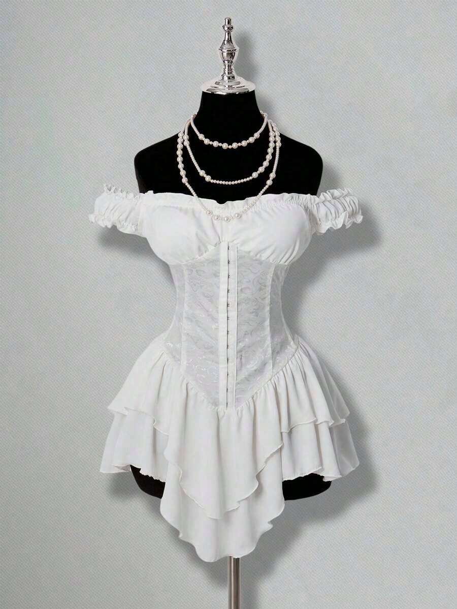 Vestido corto de gasa con volantes en el hombro, cintura fruncida y estampado jacquard para mujer, elegante para fiestas y uso casual - Blanco - Ver 1