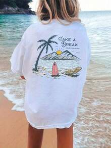 Camiseta casual de cuello redondo blanca, estampado de playa - Manga corta de verano, ropa de playa drtida, diseño juguetón, materipaco, estampado de una solalabra - Blanco - Ver 2
