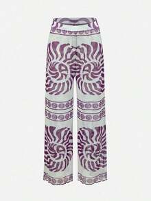 Swim Oasis Conjunto elegante de retro con estampado en espiral de un solo pieza de traje de baño coordinado con pantalón de pierna ancha, conjunto de vacaciones elegante para mujeres - Multicolor 2 - Ver 8
