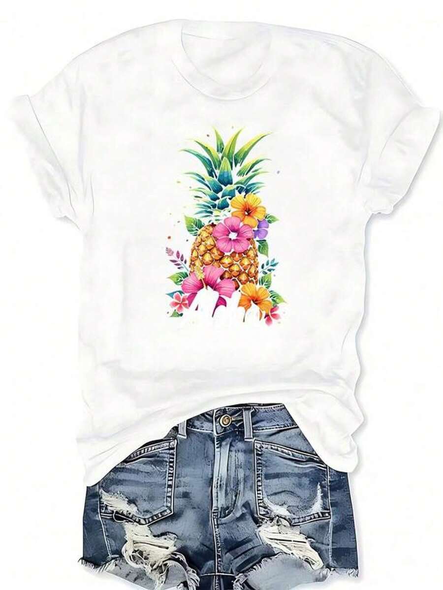 Camiseta de cuello redondo con estampado gráfico de flores, piña tropical, estilo hawaiano y vibrante de verano, camiseta casual de manga cortarrimavera y verano, ropa de mujer talla grande