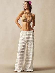 Ropa de abrigo de estilo bohemio para otoño/invierno, pantalones anchos de cintura alta con volantes de encaje de unicolor de estilo casual de vacaciones para mujeres, casual para playa, vacaciones, estilo country occidental, conciertos, adecuado para vacaciones, uso diario, regreso a la escuela, Halloween, Navidad - Blanco - Ver 7
