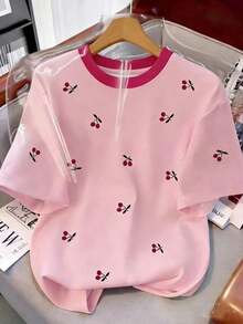 Camiseta de mujer de manga corta para el verano, cuello redondo, diseño de estampado de cerezas dulces, estilo estudiantil, ajuste simple y versátil, adecuada para uso diario, al aire libre, viajes, cómoda, esencial de moda - Multicolor - Ver 6