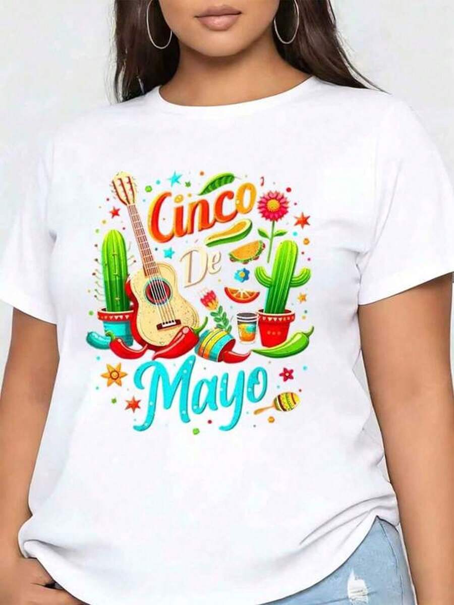 Camiseta de mujer con estampado de guitarra, cactus y elementos mexicanos para la celebración de la fiesta de Cinco de Mayo, de manga corta y cuello redondo, 220g