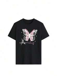 Mexican Basic Vintage Women's Short Sleeve T-Shirt With Round Neck And Butterfly Print, Casual And Versatile Style For Vacation, Suitable For Daily Wear And Fashionable Summer In Black. Fashion New Launch - 黑色 - 查看 2