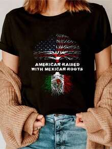 Camiseta con la bandera de EE. UU. "American Raised With Mexican Roots", camiseta con estampado gráfico para mujer, top casual de manga corta con cuello redondo, tejido de punto de algodón, corte regular, uso en todas las estaciones - Estilo callejero vintage, camiseta unisex holgada de algodón de manga corta con cuello redondo, blusas para mujer - Negro - Ver 7
