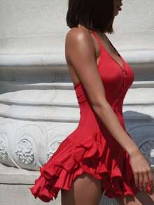 Vestido corto elegante mujer manga campana halter espalda descubierta ajustado con botones estilo europeo nueva moda - Rojo - Ver 3