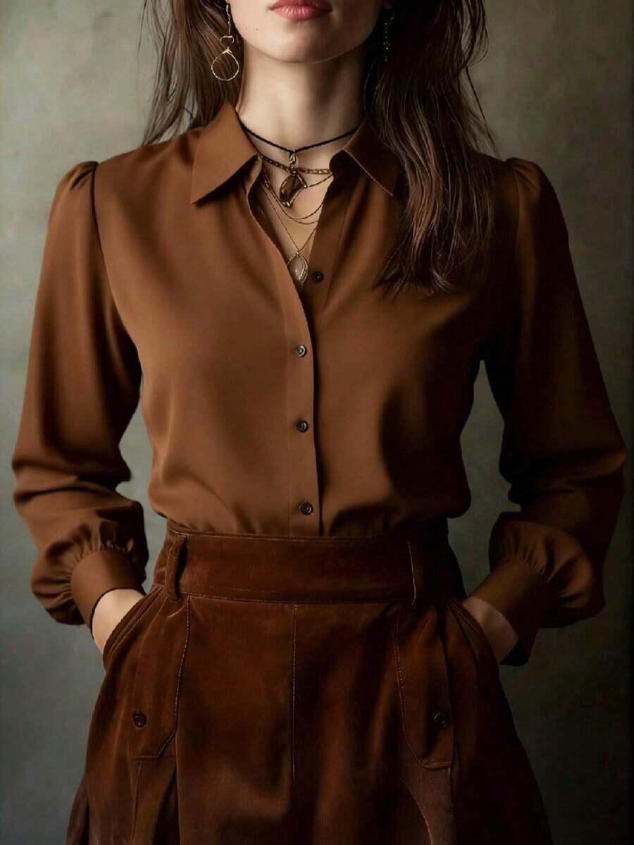 Camisa de mujer de manga larga de unicolor elegante, blusa casual versátil para todas las estaciones - Café integral - Ver 1
