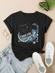 Camiseta Casual de Manga Corta para Mujer - Estilo Blue Jeans And Pearls Kinda Girl, Cuello Redondo, Top de Verano, Lavable a Máquina, Camisetas para Damas, Ropa Casual, Aspecto Moderno, Ajuste Cómodo  
 Negro - Negro - Ver 2