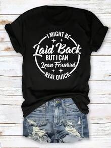 Stylish Everyday Top Plus Women's Clothing. I Can Be Lying Down, But I Could Be Very Relaxed, But I Can Quickly Lean On My Arm. T-Shirt With A Funny Phrase, Stylish And Fashionable T-Shirt. - 黑色 - 查看 1
