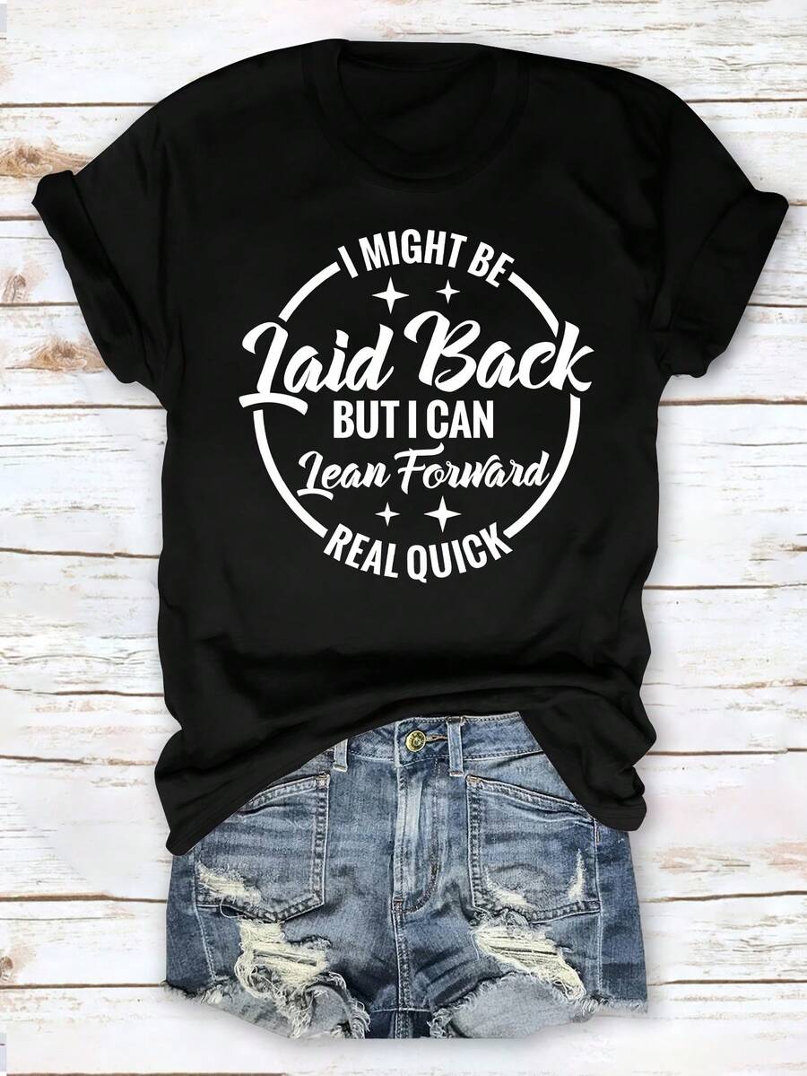 Stylish Everyday Top Plus Women's Clothing. I Can Be Lying Down, But I Could Be Very Relaxed, But I Can Quickly Lean On My Arm. T-Shirt With A Funny Phrase, Stylish And Fashionable T-Shirt. - 黑色 - 查看 1