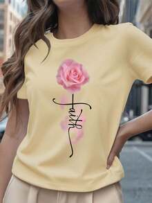 1 Piece Fashion Casual T-Shirt For Men And Women, Women's T-Shirt With Faith Letter Print And Pink Roses For Valentine's Day, 220g Pure Cotton Crew Neck Casual T-Shirt For Women (1 Piece). Versatile, Easy To Match, Suitable For Daily Wear, Urban Style, Vacation Wear, Weekend Wear. - 杏色 - 查看 1