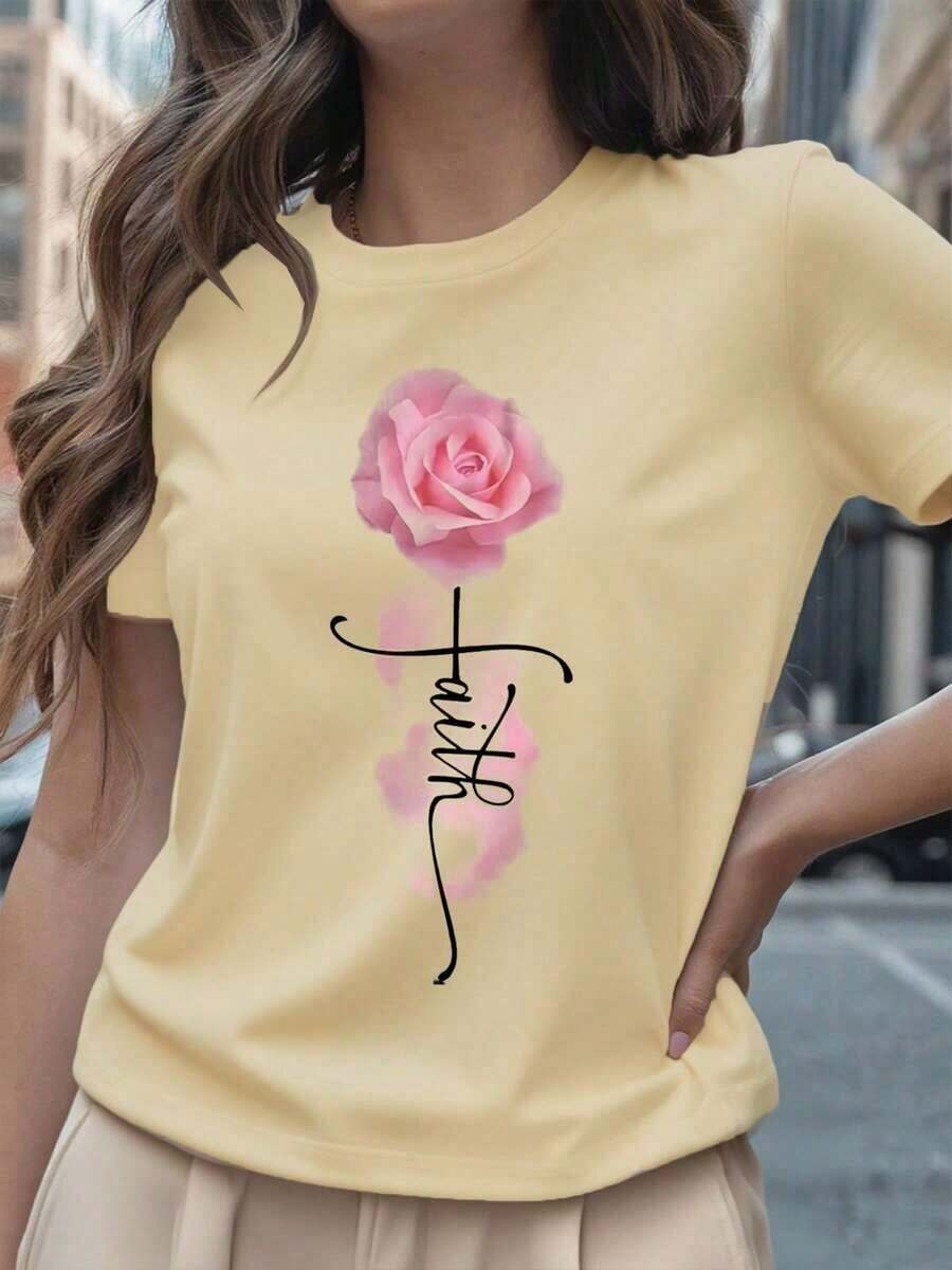 1 Piece Fashion Casual T-Shirt For Men And Women, Women's T-Shirt With Faith Letter Print And Pink Roses For Valentine's Day, 220g Pure Cotton Crew Neck Casual T-Shirt For Women (1 Piece). Versatile, Easy To Match, Suitable For Daily Wear, Urban Style, Vacation Wear, Weekend Wear. - 杏色 - 查看 1