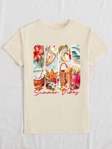 1 Pieza de Moda Casual para Hombres y Mujeres DEAR MOLLY Camiseta de Manga Corta con Cuello Redondo y Estampado de Playa de Verano, Adecuada para Fiestas, Reuniones y Varias Ocasiones, Para Todas las Temporadas, Un Regalo Ideal para Mamá, Casual para Vacaciones, Blanca, Versátil, fácil de combinar, adecuada para uso diario, estilo urbano, ropa de vacaciones, ropa de fin de semana. - Albaricoque - Ver 4