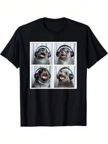 Camiseta de foca con auriculares, música animal, foca cantante, foca marina - Negro - Ver 8