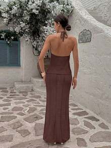 Conjunto de 2 piezas de verano nuevo de punto de color albaricoque para mujer, con top de tirantes de cuello en V profundo y falda maxi ajustada, estilo casual de vacaciones, adecuado para playa, vacaciones, viajes, incluye top con lentejuelas, cubrecuerpo de mujer, ropa de mujer de verano primavera - Cafetería - Ver 9
