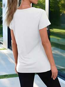 1 pieza de camiseta de manga corta de algodón para mujer, con estampado de oso de peluche y café sobre fondo blanco, cuello redondo, corte holgado, ideal para el verano, ocio, vacaciones, uso diario, viajes, regreso a la escuela. 100% algodón. - Blanco - Ver 2