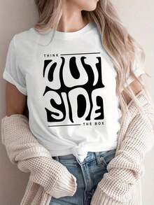 1pscY2K Top de Verano para Mujer, Bonito y Divertido. PIENSA FUERA DE LA CAJA, Fuente Wave Art, Estilo Minimalista Creativo, Camiseta de Mujer con Estampado de Letras de Dibujos Animados. Adecuado para diversas ocasiones, como regalo para festivales, cumpleaños, festivales de música, uso casual, versátil y cómodo, para vacaciones en la playa, sencillo y a la moda, adecuado para el uso diario de mujeres y niñas. 100% algodón. - Blanco - Ver 7