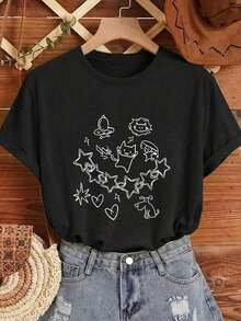 1pscY2K Top de Verano para Mujer, Bonito y Divertido. Dibujos de mascotas sencillos, estilo infantil y relajante, exclusivo para dueños, elementos de estrellas y corazones, camiseta de mujer con estampado de letras de dibujos animados. Adecuado para diversas ocasiones, como regalo para festivales, cumpleaños, festivales de música, Día de la Madre, Pascua, temporada de graduación, casual y versátil, cómodo, para vacaciones en la playa, sencillo y a la moda, adecuado para el uso diario de mujeres y niñas. 100% algodón. - Negro - Ver 2