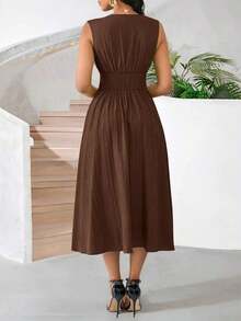 Vestido veraniego sin mangas de mediana longitud para mujer, de tela tejida con textura en color verde - Café integral - Ver 2