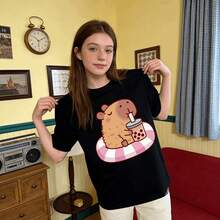 Tops para mujer de algodón de manga corta y cuello redondo para mujer, con estampado de capibara yé de burbujas, de elasticidad media. - Negro - Ver 7
