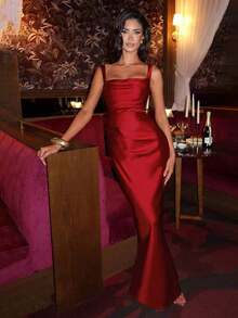 Vestidos elegantes Glamrae - Vestido de satén elegante con cintura ajustada y cordones, vestido largo para fiesta de Halloween, vestido formal de cóctel para banquete, vestido de fiesta de Navidad, vestido de boda de San Valentín, Vestidos Elitara - Rojo - Ver 8