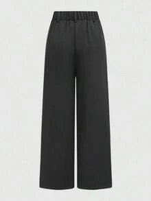 Pantalones anchos de primavera casuales para mujer  estilo de pierna recta holgada, diseño de cintura único de unicolor, adecuados para la oficina y el uso diario, versátiles y favorecedores - Gris - Ver 8