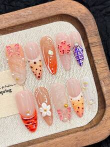 10pcs/Set Press On Nail Tips, Tropical Style, Vacation, Carved, French Style, Almond Shaped Nails, European And American Style, Summer Dopamine, High End Feel, All Handcrafted Wearable Nails. - Burnt Orange - View 1