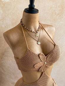 Vestido de suéter con volantes y decoración floral casual de color caqui para mujer, adecuado para playa, crucero, vacaciones en la ciudad, citas festivas, té de la tarde, festivales de música, estilo bohemio, vestidos de verano, fiesta - Caqui - Ver 3