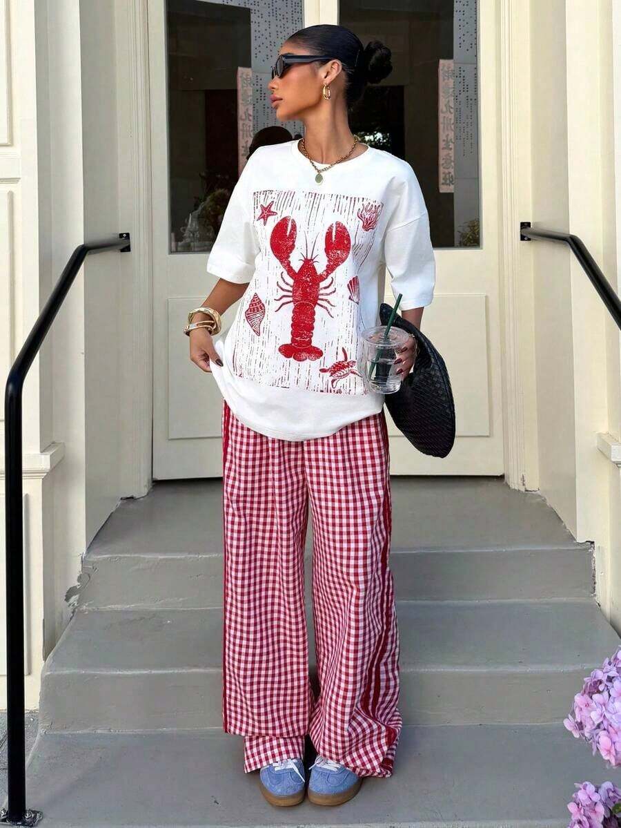 Muchic Conjunto casual de 2 piezas para mujer: Top de cuello redondo con estampado de langosta y pantalones anchos a cuadros - Rojo y blanco - Ver 1