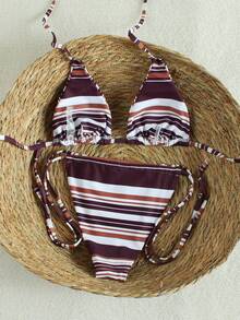 Ensemble de bikini à bretelles rétro marron et blanc rayé, maillot de bain 2 pièces à la mode et sexy pour les vacances à la plage, essentiel pour le printemps/été 2026, design polyvalent et élégant convenant pour les fêtes d'anniversaire, le fitness, le port quotidien décontracté, les voyages - Multicolore - Voir 4