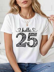 PremiumConjunto temático para el 25º cumpleaños de mujer - Camiseta "Hola 25" con el número 25 y un eslogan de corazón, top para celebración del 25º aniversario con estampado del número 25, ropa casual de manga corta para primavera/verano, adecuada para fiestas y eventos, lavable a máquina, linda. Nueva llegada - Blanco - Ver 1