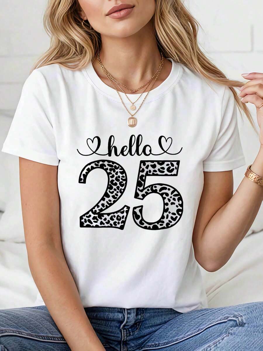 PremiumConjunto temático para el 25º cumpleaños de mujer - Camiseta "Hola 25" con el número 25 y un eslogan de corazón, top para celebración del 25º aniversario con estampado del número 25, ropa casual de manga corta para primavera/verano, adecuada para fiestas y eventos, lavable a máquina, linda. Nueva llegada - Blanco - Ver 1