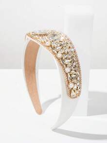 1件復古皇家風寶石珍珠重工皇冠寬髮箍，奢華高端百搭女性婚禮與派對髮飾 - 白色 - 查看 4